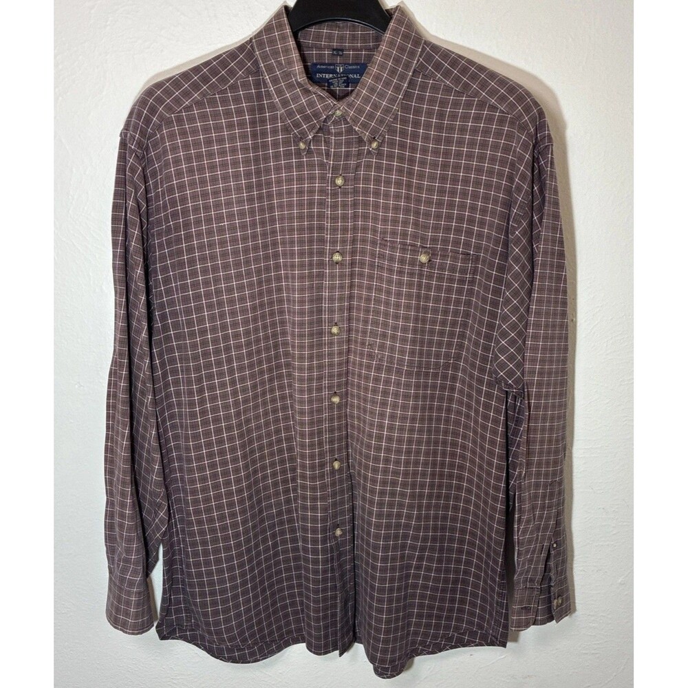 International Waters men's XL 16 Cranberry plaid long sleeve button up shirt
